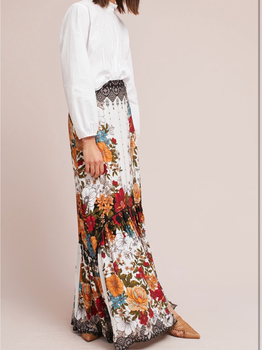 Floral Tiered Maxi Skirt in White Multi